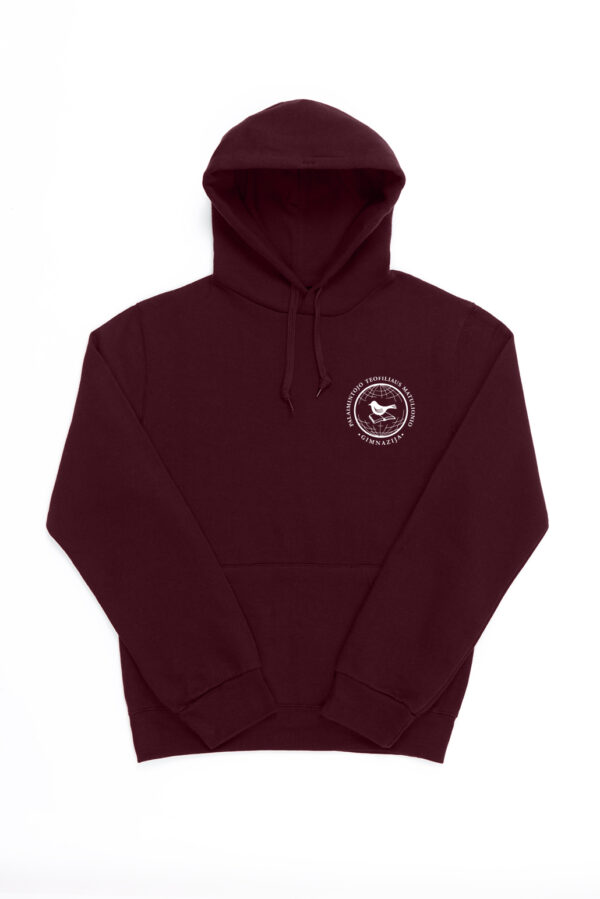 Palaimintojo T. Matulionio gimnazijos džemperis su gobtuvu, bordo Palaimintojo T. Matulionio gimnazijos džemperis su gobtuvu, bordo